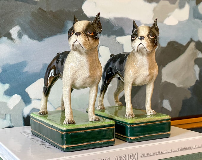 Vintage Pair of Takahashi Ceramic Boston Terrier Bookends // Figurines