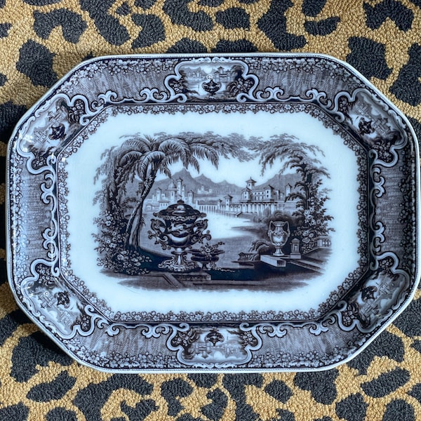Antique Large P W & Co. Washington Vase Mulberry Black Transferware Platter // Circa 1834-1854 // Chinoiserie // Grandmillennial