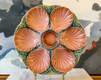 Antique Sarreguemines French Majolica Seaweed & Shell Oyster Plate // Circa 1890 // Grandmillennial