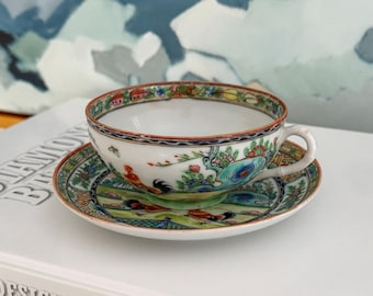Antique Chinese Export Rooster Tea Cup Saucer Set – Hand Painted Chinoiserie Porcelain