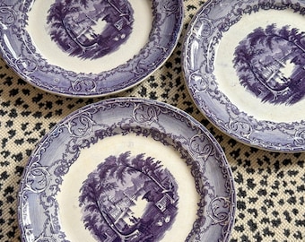 Antique Mulberry Transferware Plates: 1845 Venus Pattern Set of 3