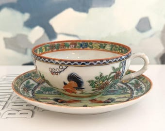 Antique Chinese Export Rooster Tea Cup and Saucer Set – Hand Painted Chinoiserie