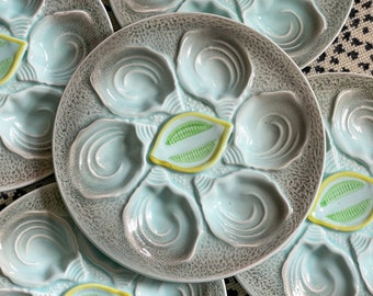 Vintage Aqua Blue Green French Majolica Oyster Plate // Made in France // Grandmillennial // Coastal