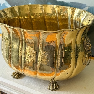 Vintage Solid Brass Cachepot Planter: Lion Head Ring Handles, Lion Paw Feet, Beverage Tub