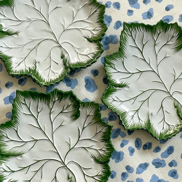 Vintage Set of 3 Hand Painted Green and White Leaf Plates // Made in Portugal // Majolica // Grandmillennial // Interior Design