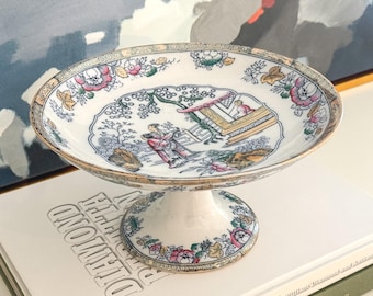 English Ironstone Polychrome Transferware Chinese Pattern Compote // Chinoiserie // Circa 1870 // Made in England