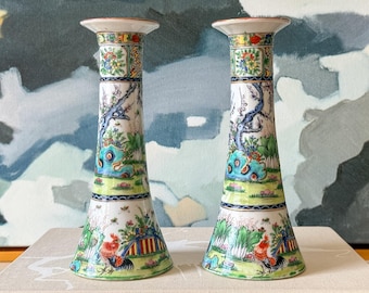 Antique Hand Painted Chinese Export Rooster Candlestick Holders (Pair) – Famille Verte Chinoiserie Taper Holders