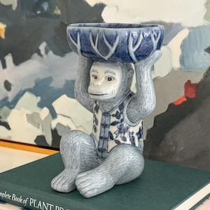 Vintage Hand-Painted Monkey Pedestal Dish: Blue & White Chinoiserie Compote