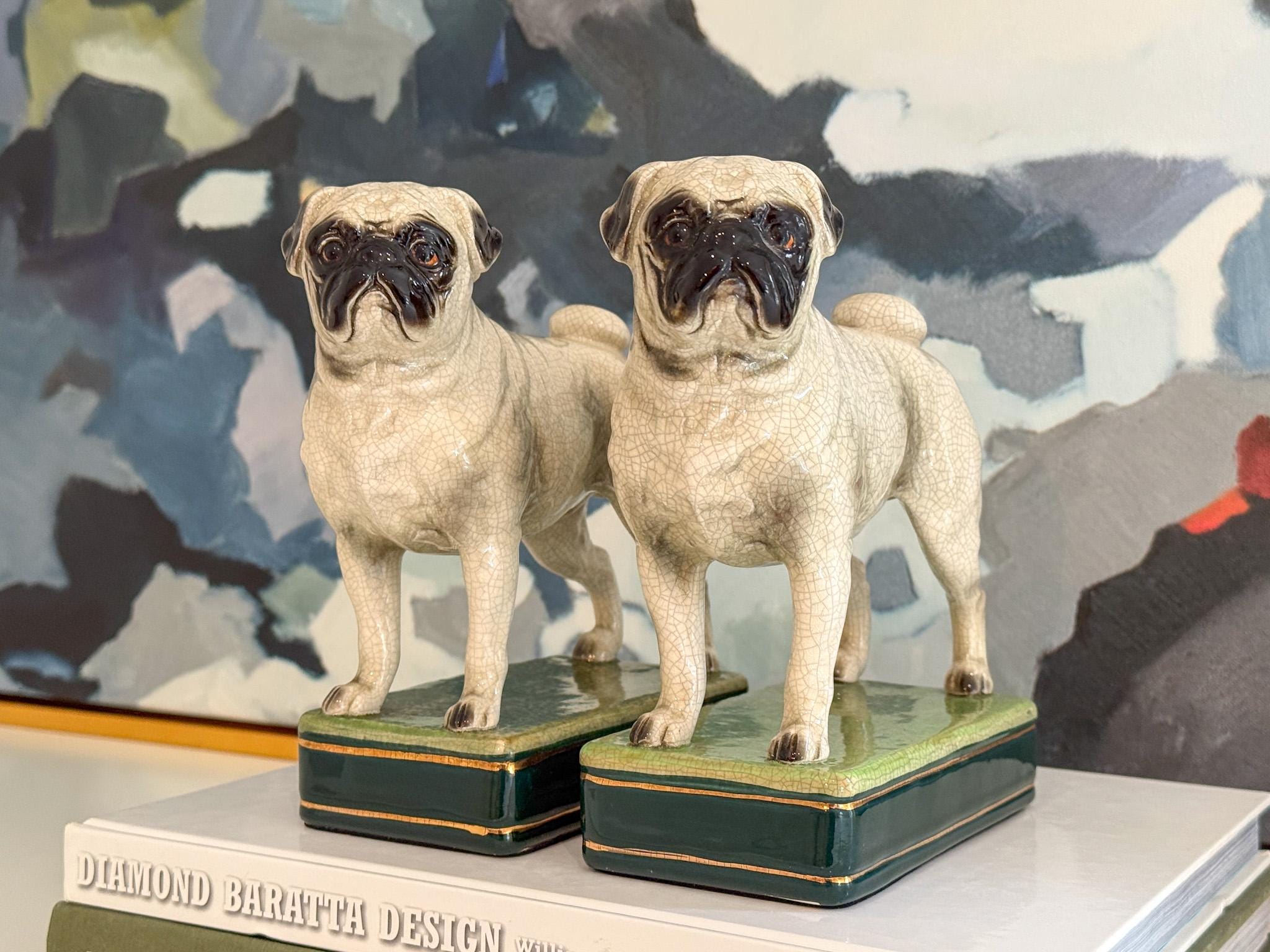 Vintage Pair of Takahashi Ceramic Pug Bookends // Staffordshire