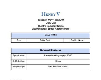 Simple Daily Call Template | Theatre Template | Stage Manager Paperwork | Theatre Resource
