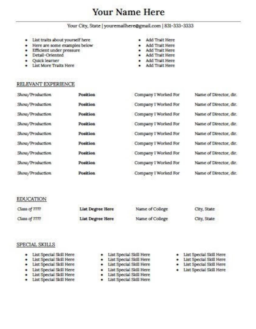 Tech Theatre Resume Template Etsy