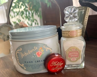 Lot of three vintage beauty products powder rouge hand cream 50s