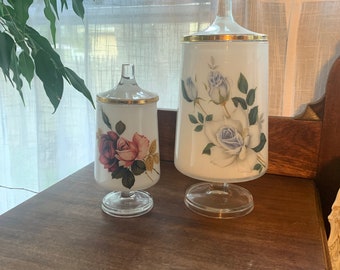 Vintage West Virginia glass apothecary jar set. Dresser| bathroom | vanity | storage jar flowers roses frosted glass midcentury