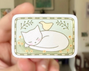 Sleeping Cat Glossy Sticker | cat sticker | swedish folk art cat | cat lover | cute cat | white cat | aesthetic sticker | cat owner | kitten