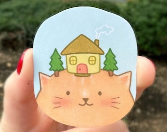 House Cat Vinyl Glossy Sticker | cat sticker | cute cat sticker | cat lover  | waterproof sticker | tabby cat | orange cat | pine tree | cat