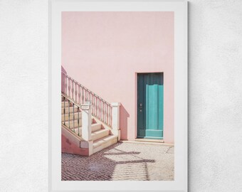 Lisbon Architecture Print: Pink Wall, Teal Door, Portugal Travel Photography