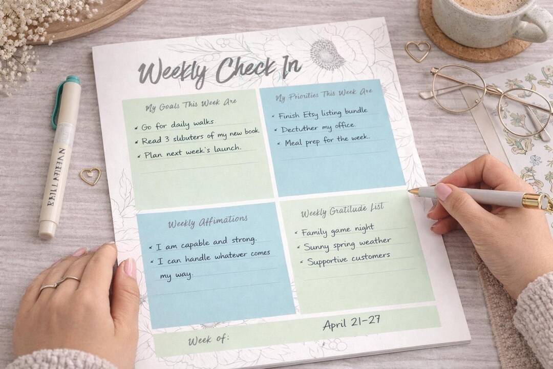 Weekly Check in Planner | Goals, Priorities, Affirmations, Gratitude ...