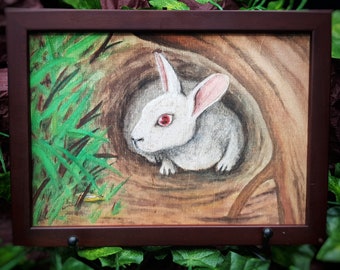 Dans le terrier du Lapin Blanc, Aquarelle sur bois, format A5