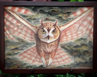 Hibou en Vol, Aquarelle sur bois, format A4