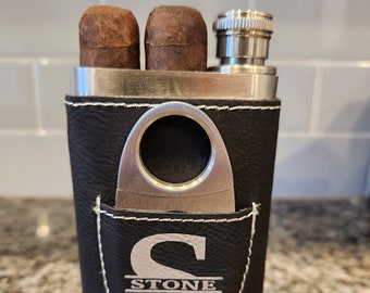 Personalized Cigar Case with Flask and Cutter, Leather and Stainless Steel, Gift for Him, Groomsman Gift