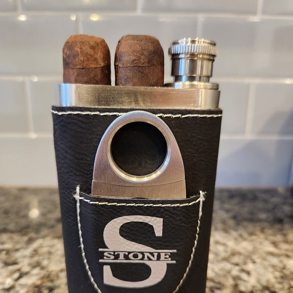 Personalized Cigar Case with Flask and Cutter, Leather and Stainless Steel, Gift for Him, Groomsman Gift