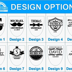 May include: Ten different designs for a groomsman gift. Each design features a different name, date, and graphic. The designs are in black and white and are displayed on a white background.