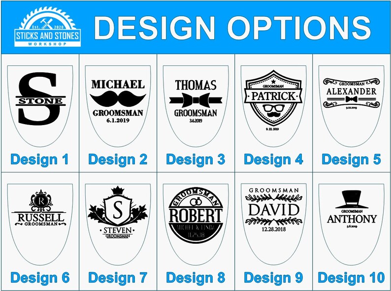 May include: Ten different designs for a groomsman gift. Each design features a different name, date, and graphic. The designs are in black and white and are displayed on a white background.