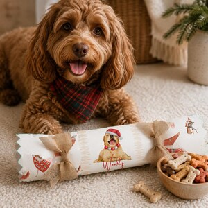 Op de afbeelding: Een bruine hond met krullend haar en een rood-groene geruite bandana ligt achter een cilindervormige papieren cracker, versierd met een illustratie van een golden retriever, een kerstmuts en de naam Woody, vastgebonden met twee jute strikken.