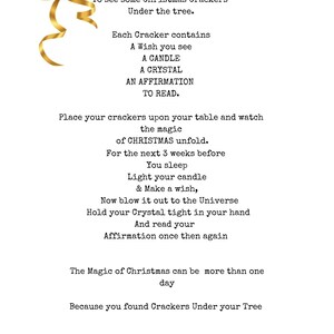 May include: A gold bow with a white background and text that reads "How nice would it be this year to see some Christmas Crackers Under the tree. Each Cracker contains A Wish you see A CANDLE A CRYSTAL AN AFFIRMATION TO READ. Place your crackers upon your table and watch the magic of CHRISTMAS unfold. For the next 3 weeks before You sleep Light your candle & Make a wish, Now blow it out to the Universe Hold your Crystal tight in your hand And read your Affirmation once then again The Magic of Christmas can be more than one day Because you found Crackers Under your Tree #theuniverse Via BuildabonbonCo"