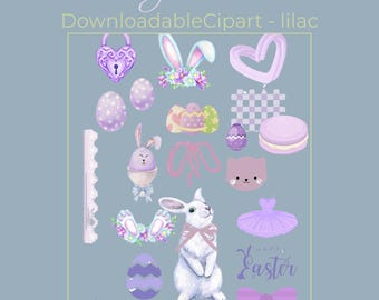 Coquette Easter Clipart PNG: Lilac Bunny, Bows, Eggs (Digital Printable File)