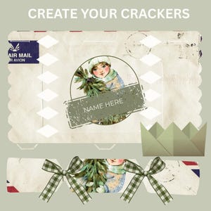 Może przedstawiać: Projekt świątecznego krakersa w stylu vintage z tekstem "CREATE YOUR CRACKERS". Projekt przedstawia dziecko trzymające choinkę, zielono-białą kratkowaną kokardę oraz słowa "NAME HERE".