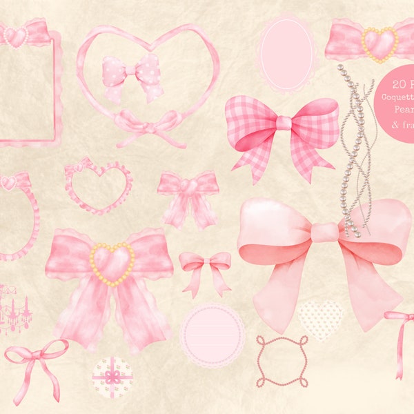 Coquette Aesthetic Clipart PNG, Pink Bow Clipart, Pink Watercolor, Pretty Clipart, Digital Printable File, . Kids Craft.  Coquette Bows