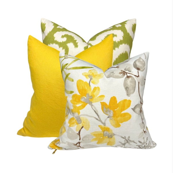 Yellow Floral Pillow Cover Combo  | Curated Yellow and Green Decorative pillows | Custom sizes available upon request