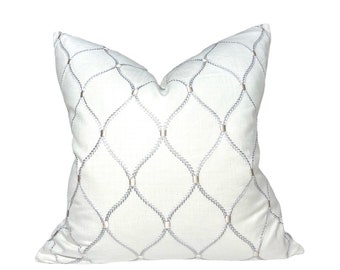 Embroidered Lattice Linen Pillow Cover: Silver Champagne Ogee