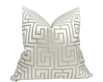 White Satin Greek Key Pillow Cover | Cream & gold Pillows | Modern Elegance | Geometric design | Custom size Euro Sham and Lumbar | Home Gi