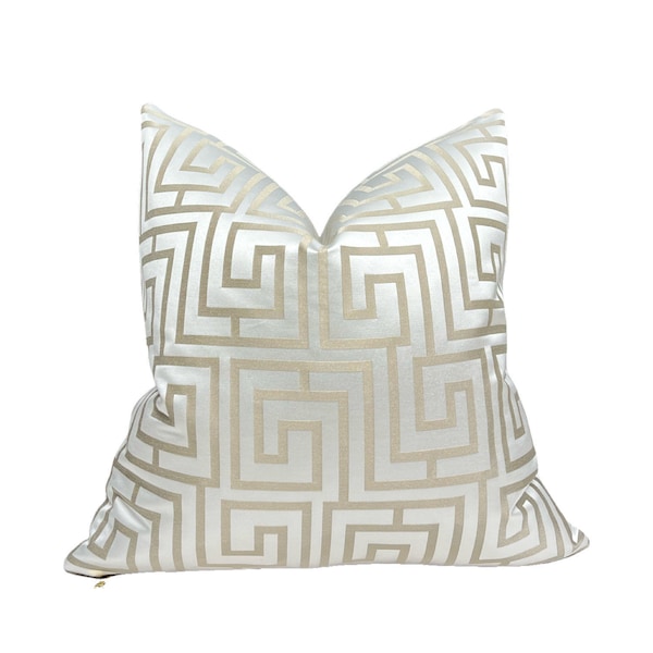 White Satin Greek Key Pillow Cover | Cream & gold Pillows | Modern Elegance | Geometric design | Custom size Euro Sham and Lumbar | Home Gi