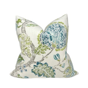 Blue Green Botanical Pillow Covers | Floral Printed Linen Pillows | Euro Sham |  Custom size pillow covers