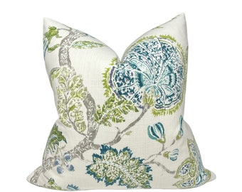 Blue Green Floral Linen Pillow Cover: Botanical Print Euro Sham
