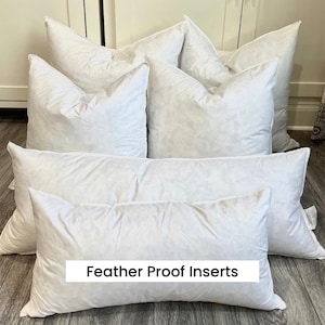 May include: A set of five white feather-proof pillow inserts of various sizes. The inserts are arranged in a pyramid shape on a wooden floor. The text "Feather Proof Inserts" is visible at the bottom of the image.