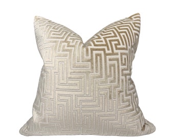 Beige Velvet Pillow Cover: Greek Key Geometric Design