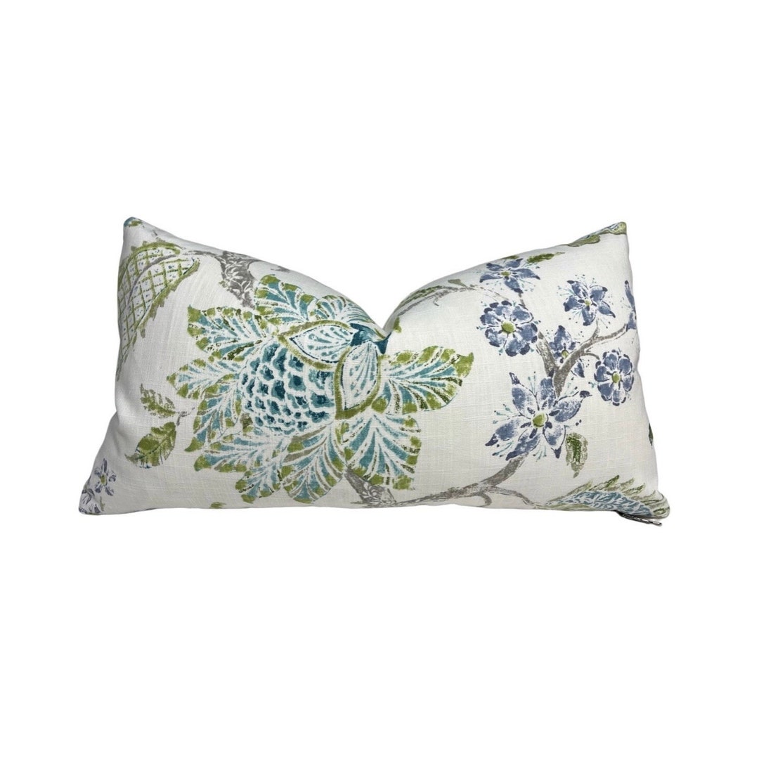 Blue Green Botanical Lumbar Pillows| Printed Linen Floral Pillow ...