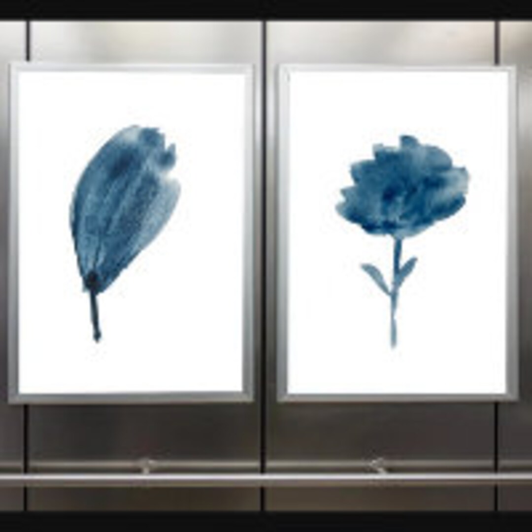 Navy Wall Decor, Instant Download Prints, Floral Art Prints, Set of 2
