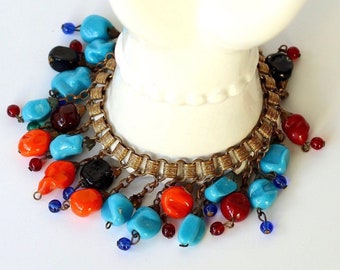 1930s Beaded Brass Book Chain Dangle Bracelet - Vintage Colorful Tiered Bracelet