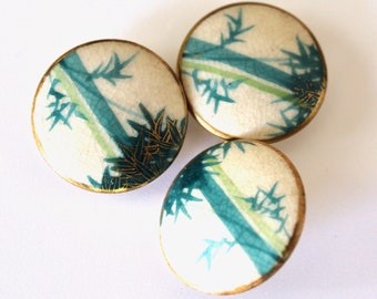 Antique Japanese Satsuma Hand Painted Ceramic Buttons with Gold Gilt Border - Bamboo Motif - Set of Three 1"