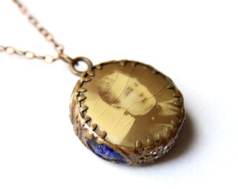 Edwardian Enameled Embossed Brass Double Sided Portrait Pendant Necklace with Original Photos - Early 20th Century Antique