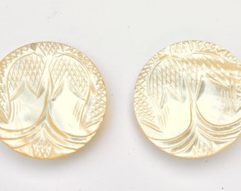 19th Century Carved Weeping Willow Tree Mother of Pearl Buttons -  Antique Collectible Large Disc Shell Button Pair - 1.39"