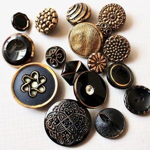 17 Vintage Fancy Glass Buttons Mixed Lot Black Glass Gold Luster Mirror Back Stamped Layered image 1