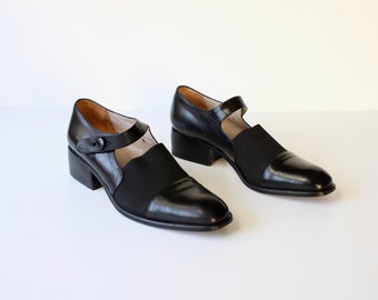 Vintage Via Spiga Block Heel Mary Jane Shoes with High Elastic Vamps - Black Leather Mid Heel Pumps - Made in Italy - Size 7.5