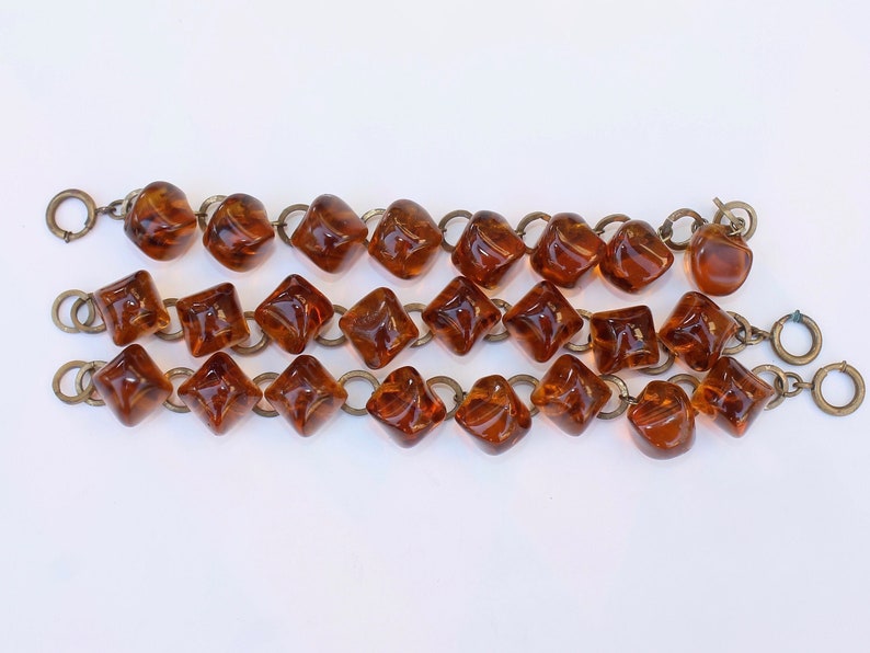 Art Deco Cognac Glass Cube Bead and Brass Bracelet Matching Antique Chunky Faceted Pillow Beads image 5