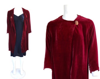 1930s Raspberry Silk Velvet Draped Coat - Scheibler Made in West Germany - Small